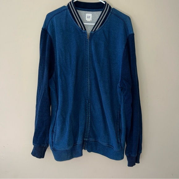 GAP Other - Gap Denim Bomber Jacket Men’s Size XL Blue Dark Wash Varsity Full Zip Pockets